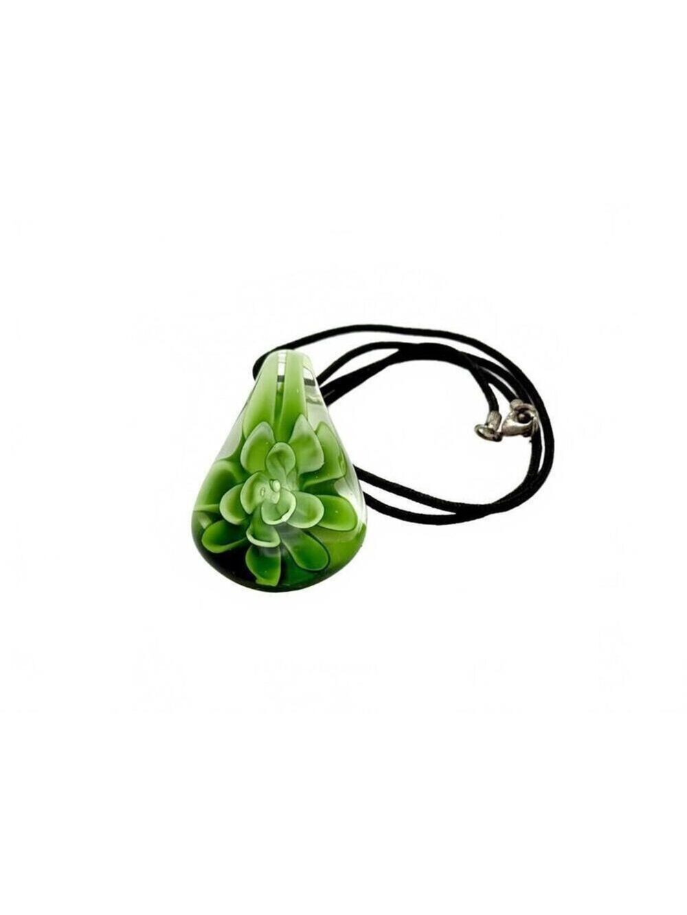 Green Art Glass Teardrop Pendant Necklace Floral Design